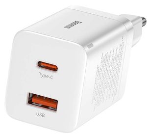 BASEUS SUPER SI PRO QUICK CHARGER USB + TYPE-C 30W WHITE